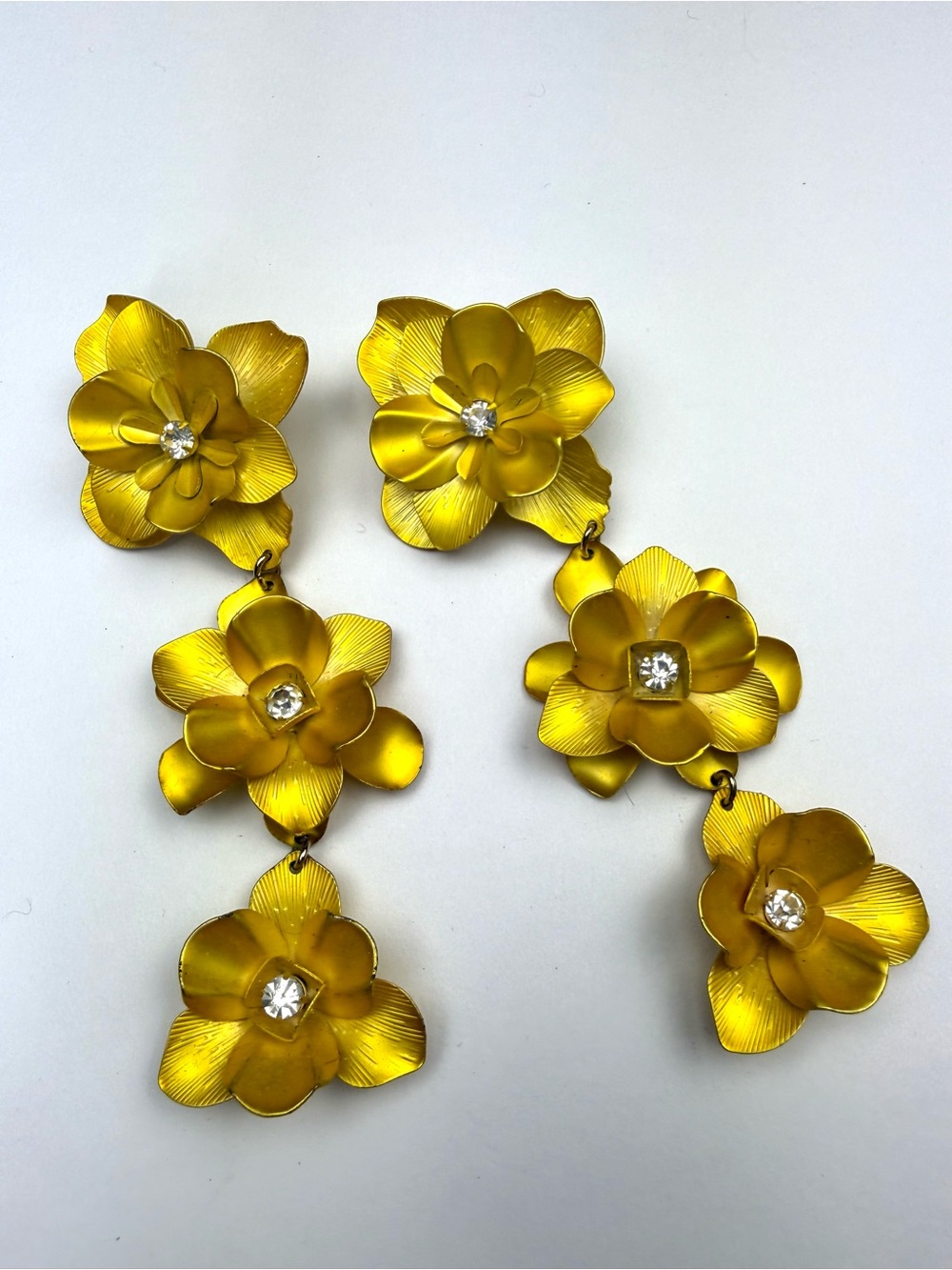 Gold Floral Drop Earrings with Crystal Centers